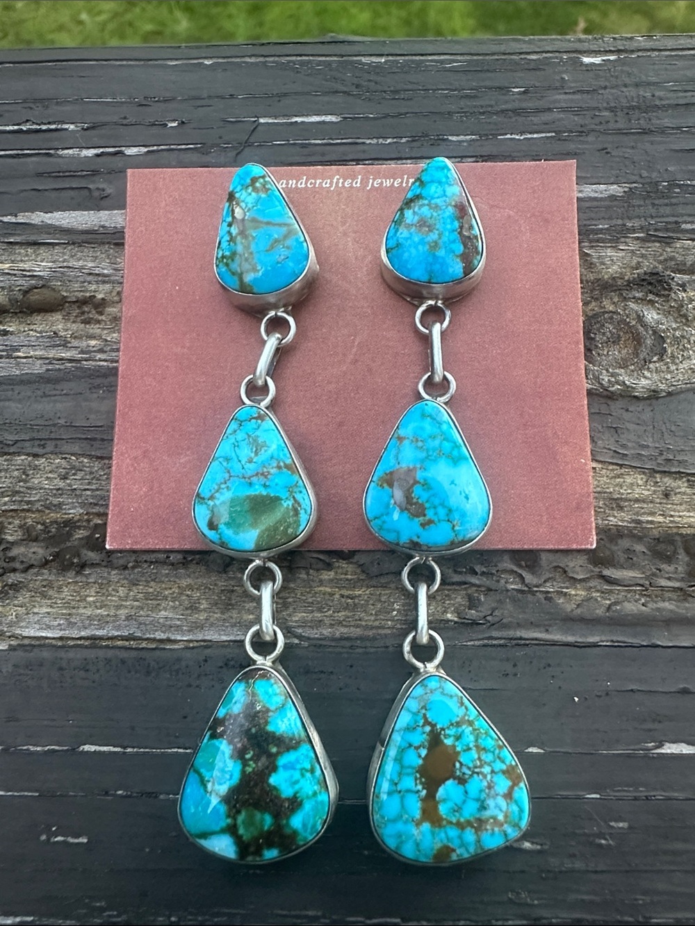 Navajo Latricia Largo Kingman Turquoise Sterling Silver Earrings - Picture 4 of 5